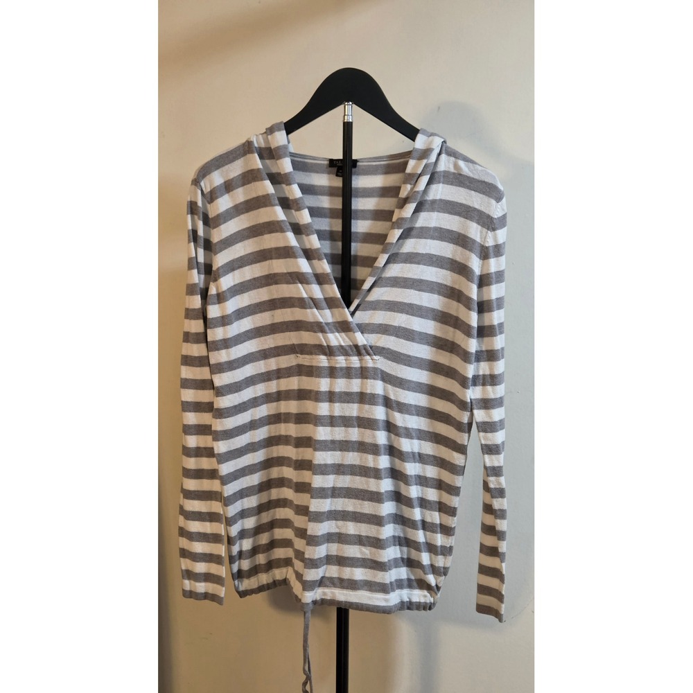 Talbots V-Neck Striped Hooded Pullover Women's Size Medium White Gray